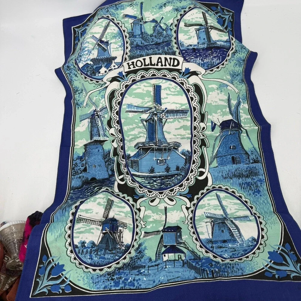 Vintage Holland Tea Towel Dutch Windmills Blue Green 100% Cotton Souvenir